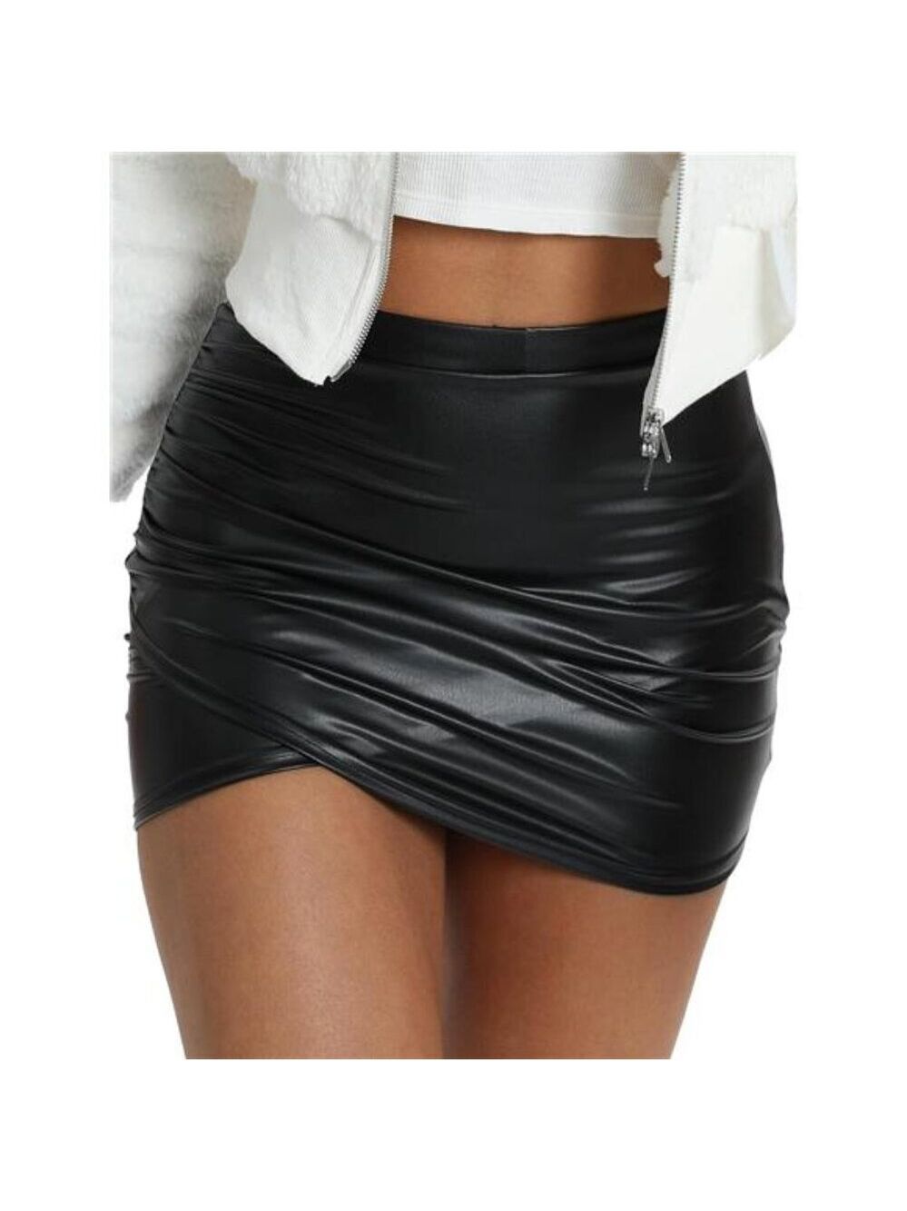 Black Leather Mini Skirt High Waisted PU Faux Leather Side Slit Thigh Skirt